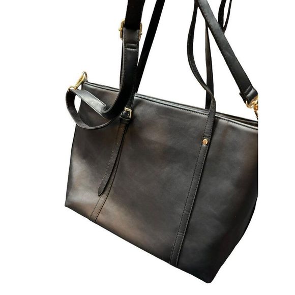 Women's Black Faux Leather Tote Bag With Multiple Compartments & Adjustable Stra - Picture 3 of 11